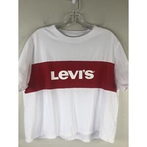 LEVI'S Womens L Shirt Boxy Cropped Cut White Red Spell Out
